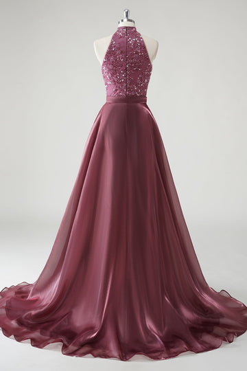 Halter udskåret pailletter lilla havfrue formel kjole med aftagelig nederdel overlay